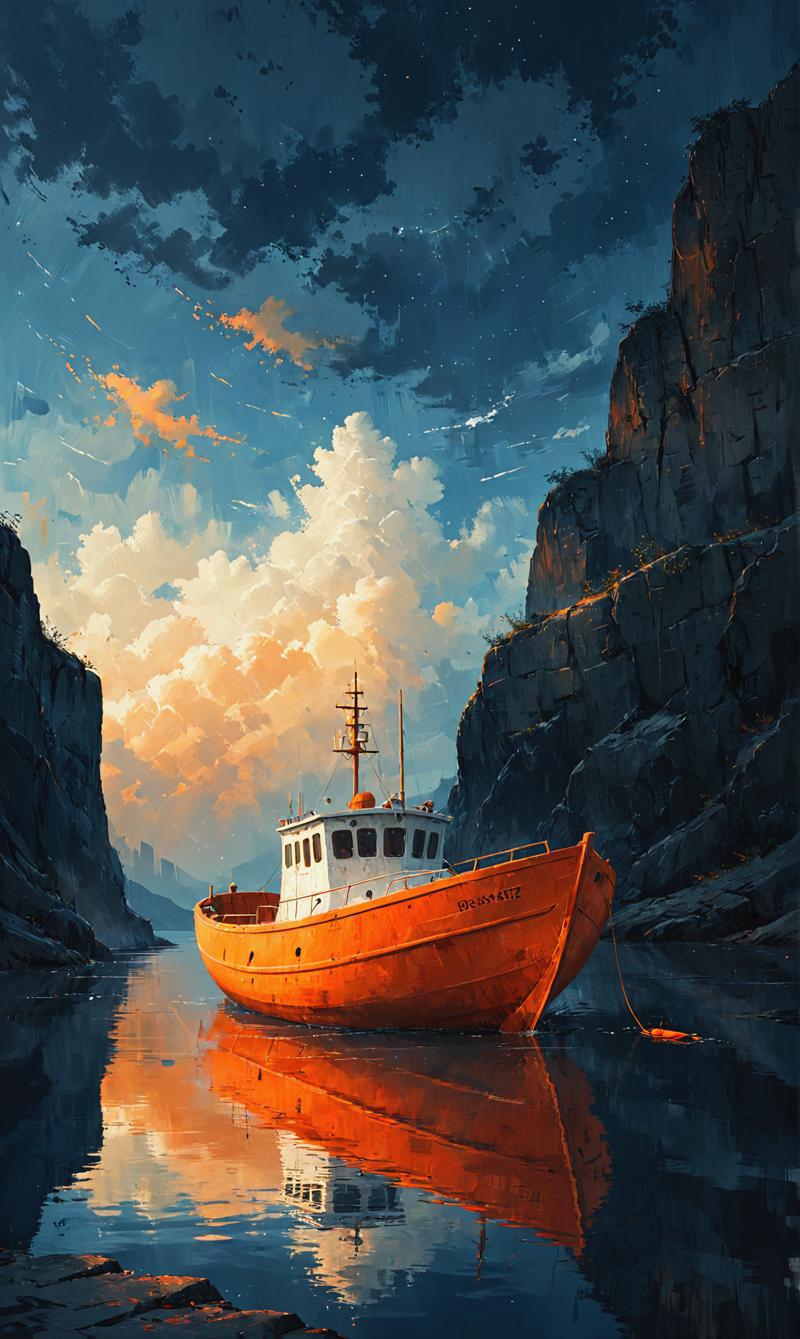 03972-1713981626-animation about a Boat, in the style of dark white and orange, minimal design, realistic painted still lifes, cartoonish innocen.png